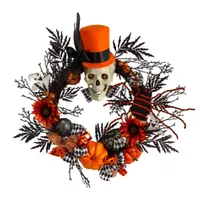 Nearly Natural 30" Spider  Skull With Top Hat Wreath