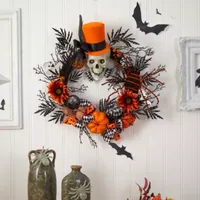 Nearly Natural 30" Spider  Skull With Top Hat Wreath