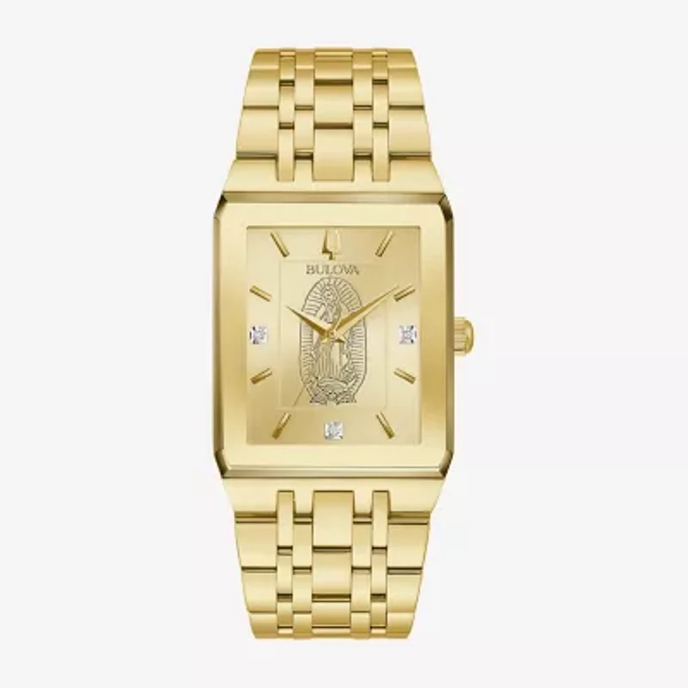 Bulova Our Lady Of Guadalupe / Nuestra Señora De Guadalupe Mens Diamond Accent Gold Tone Stainless Steel Bracelet Watch 97d120lg