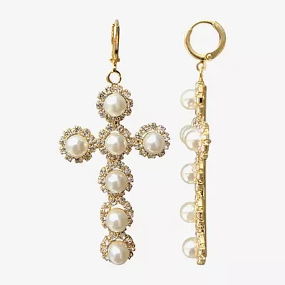 Bijoux Bar Gold Tone Crystal Simulated Pearl Cross Drop Earrings