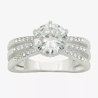 Sparkle Allure Triple Split Shank Crystal Pure Silver Over Brass Round Crossover Engagement Ring