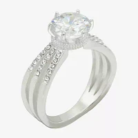 Sparkle Allure Triple Split Shank Crystal Pure Silver Over Brass Round Crossover Engagement Ring