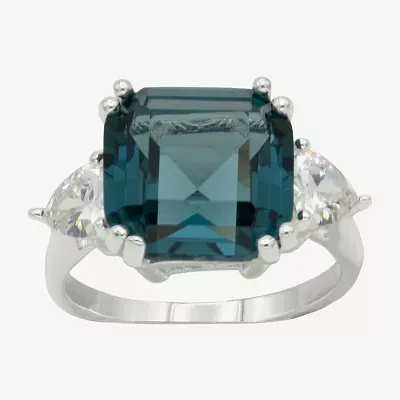 Sparkle Allure Womens Blue Crystal Pure Silver Over Brass Cushion 3-Stone Cocktail Ring