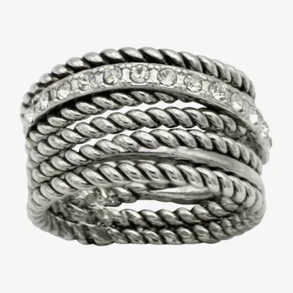 Sparkle Allure Antique Rope Faux Stacked Crystal Pure Silver Over Brass Band