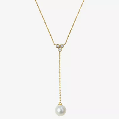 Womens Diamond Accent White Cultured Freshwater Pearl 10K Gold Y Necklace