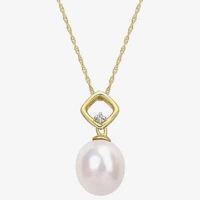 Womens Diamond Accent White Cultured Freshwater Pearl 10K Gold Pendant Necklace