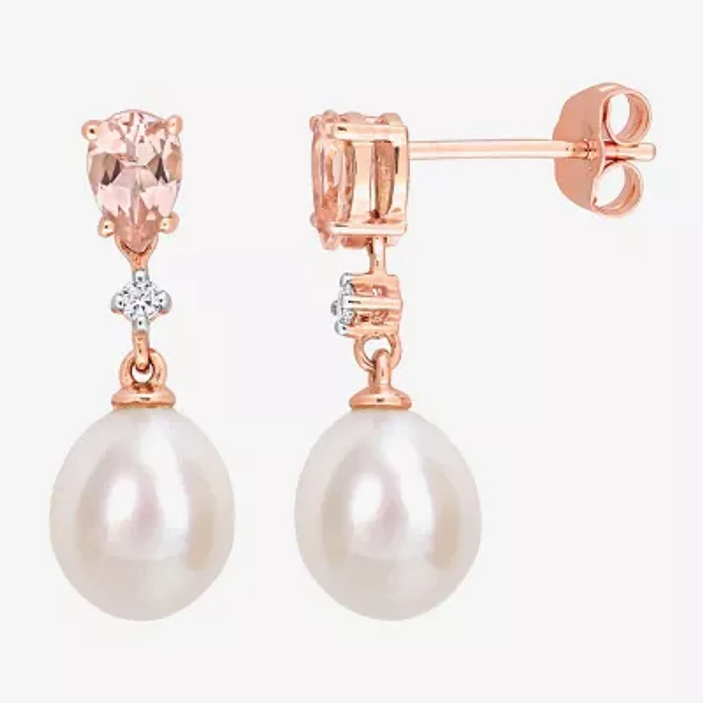 Diamond Accent White Cultured Freshwater Pearl 14K Rose Gold Drop Earrings