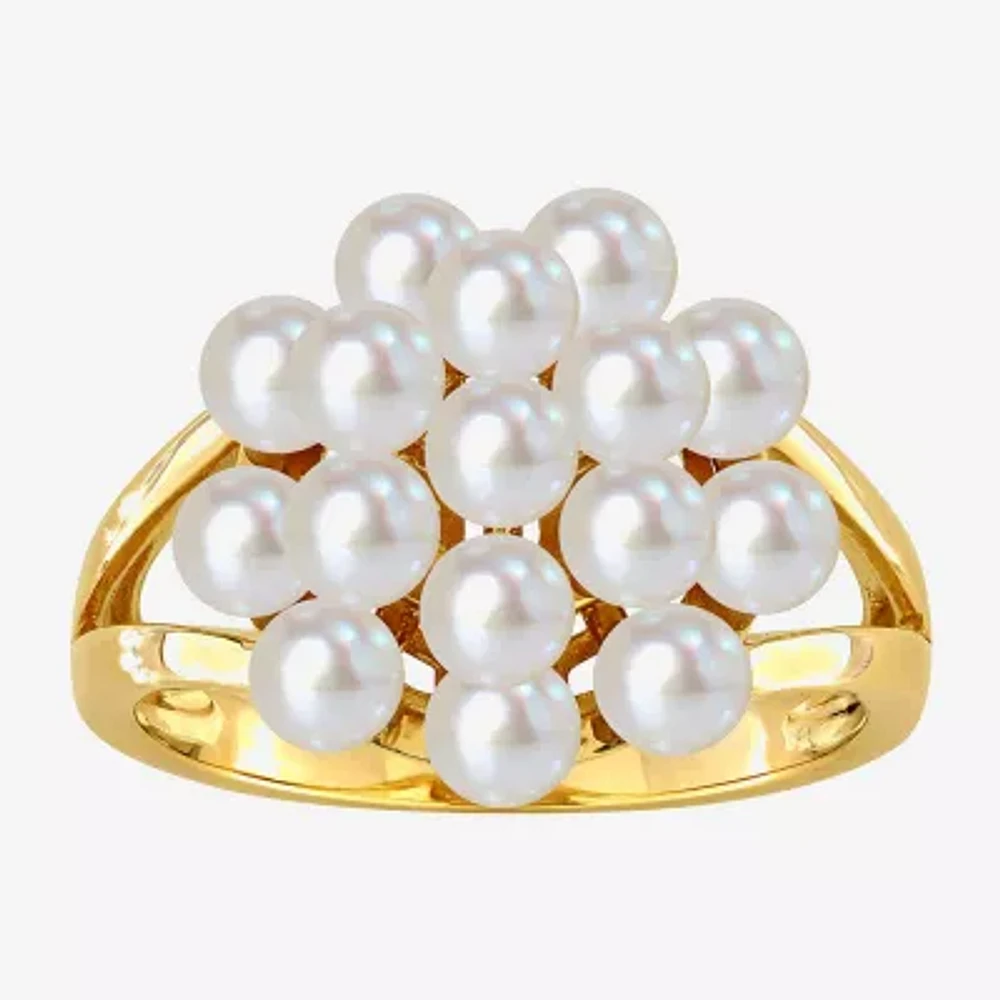 Womens 3.5MM White Cultured Freshwater Pearl 14K Gold Cluster Cocktail Ring