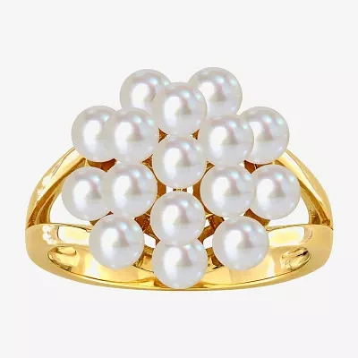 Womens 3.5MM White Cultured Freshwater Pearl 14K Gold Cluster Cocktail Ring