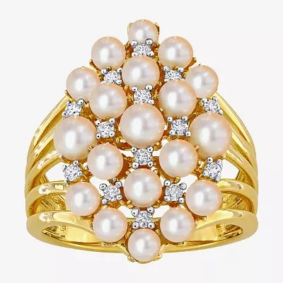 Womens 1/5 CT. 3.5MM White Cultured Freshwater Pearl 18K Gold Over Silver Cluster Cocktail Ring