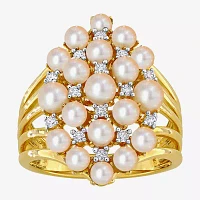 Womens 1/5 CT. 3.5MM White Cultured Freshwater Pearl 18K Gold Over Silver Cluster Cocktail Ring