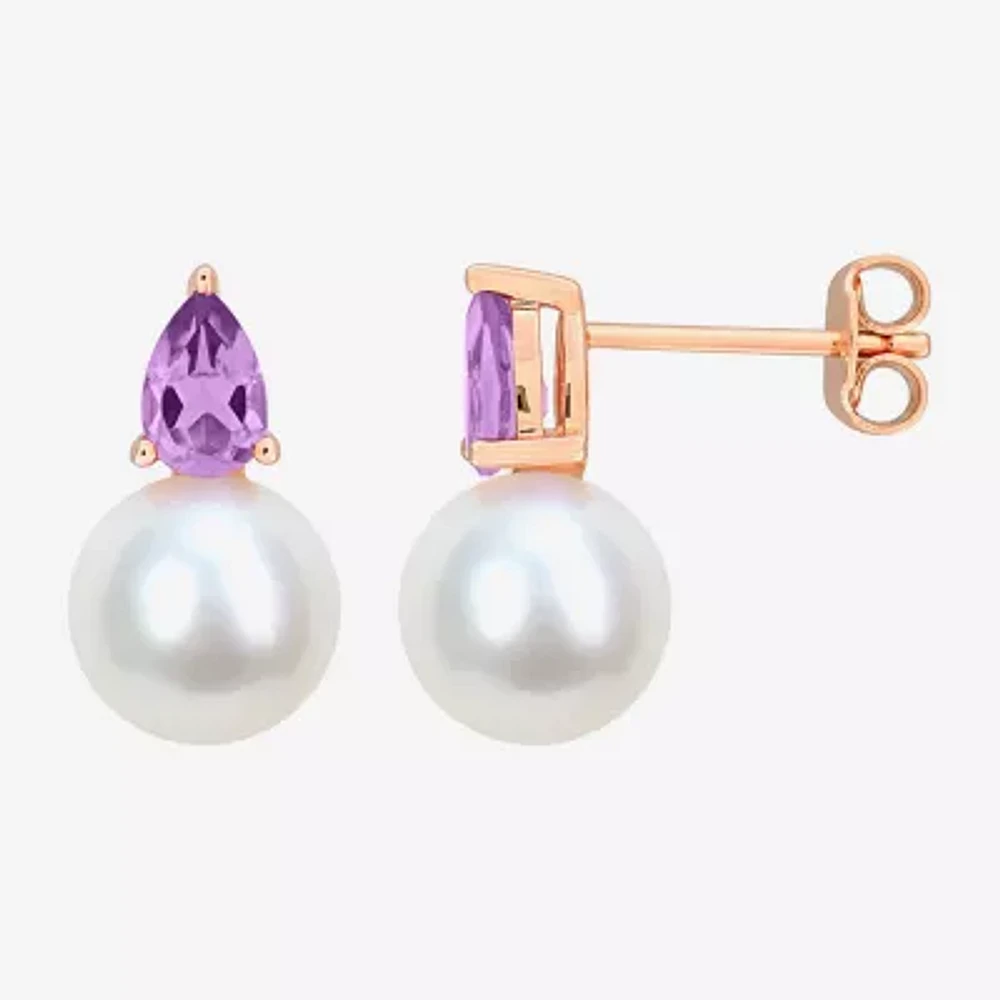 White Cultured Freshwater Pearl & Gemstone 18K Gold Over Silver 15.5mm Stud Earrings