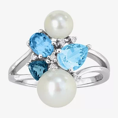 Womens Diamond Accent 5-7MM White Cultured Freshwater Pearl 14K Gold Cluster Cocktail Ring