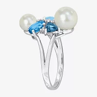 Womens Diamond Accent 5-7MM White Cultured Freshwater Pearl 14K Gold Cluster Cocktail Ring