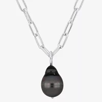 Womens Black Cultured Tahitian Pearl Sterling Silver Pendant Necklace