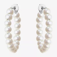 White Cultured Freshwater Pearl Sterling Silver 26mm Hoop Earrings