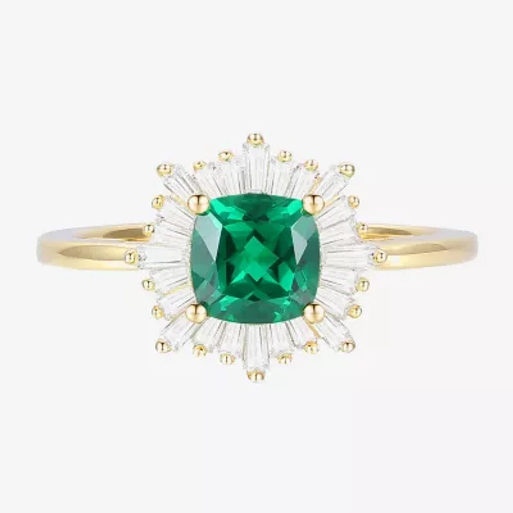 Womens Lab Created Green Emerald Sterling Silver Halo Cocktail Ring