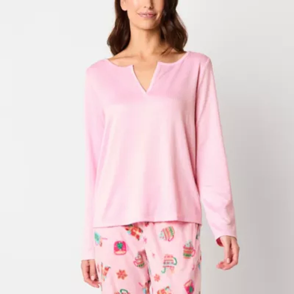 Sleep Chic Womens Rib Long Sleeve Y Neck Pajama Top