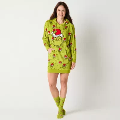 Womens Dr. Seuss Grinch Fleece Long Sleeve Hooded Matching Family Nightshirt