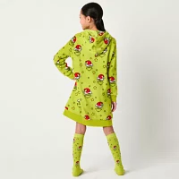 Girls Dr. Seuss Grinch Fleece Long Sleeve Hooded Matching Family Nightshirt