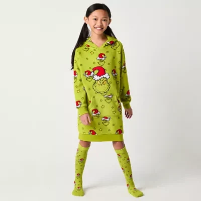 Girls Dr. Seuss Grinch Fleece Long Sleeve Hooded Matching Family Nightshirt