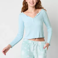 Arizona Body Womens Juniors Rib Long Sleeve Henley Neck Pajama Top