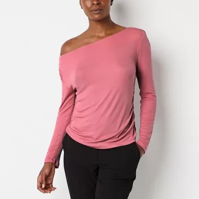 Worthington Womens Asymmetrical Neck Long Sleeve Blouse