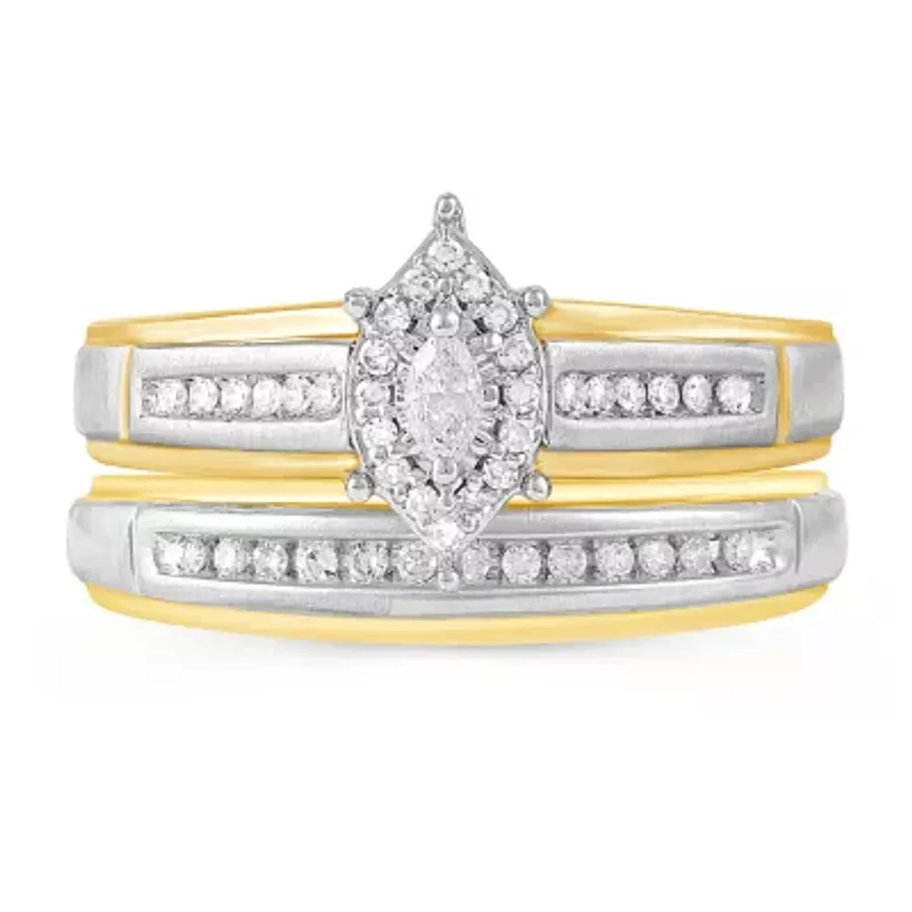 Womens 1/4 CT. T.W. Natural Diamond 10K Gold Marquise Side Stone Halo Bridal Set