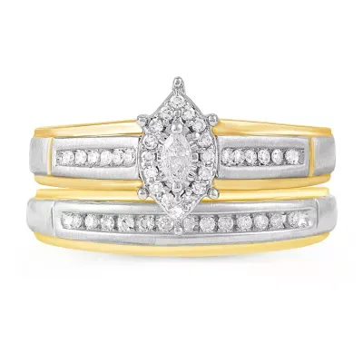 Womens 1/4 CT. T.W. Natural Diamond 10K Gold Marquise Side Stone Halo Bridal Set