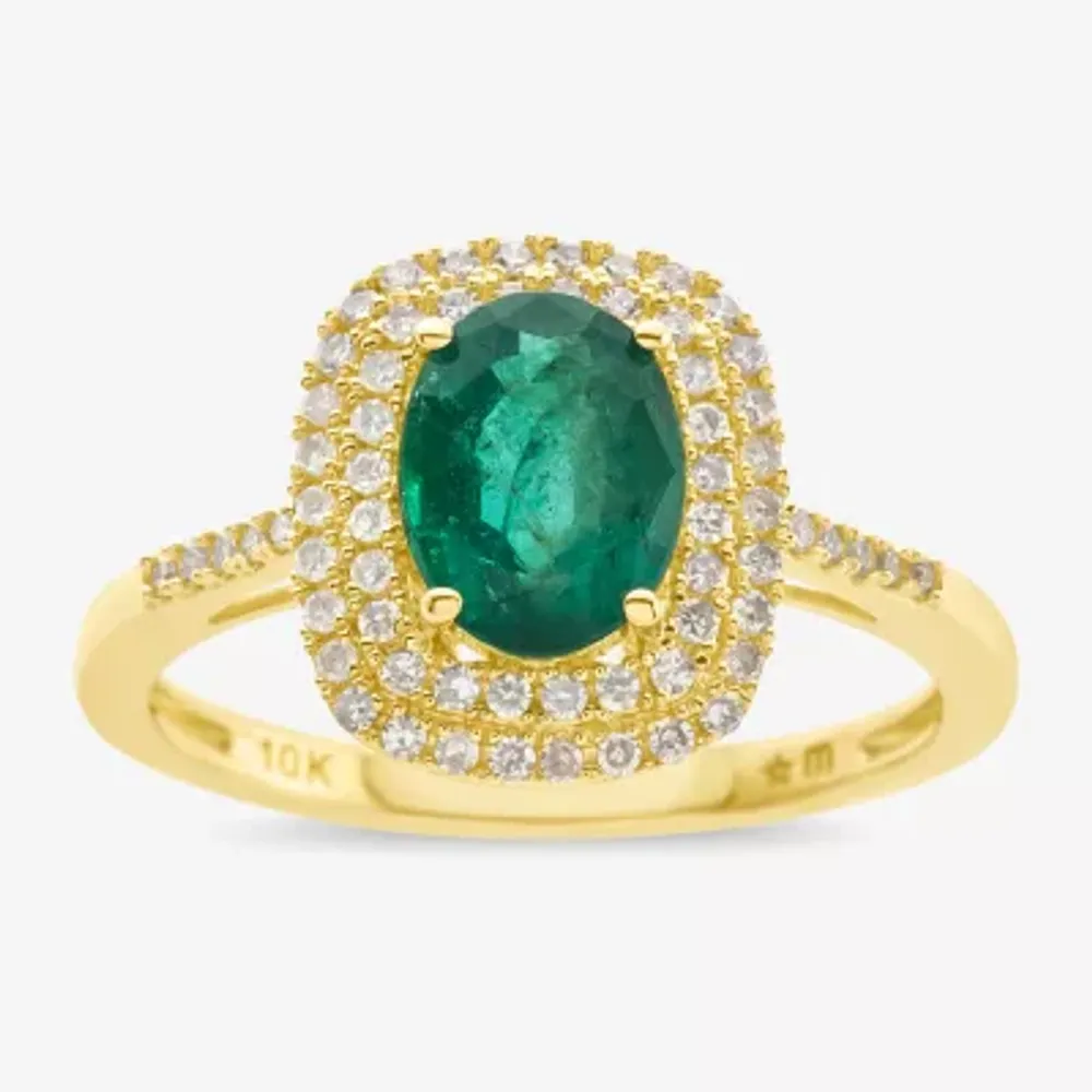 Womens Genuine Emerald & 1/3 CT. T.W. Diamond 10K Gold Cocktail Ring