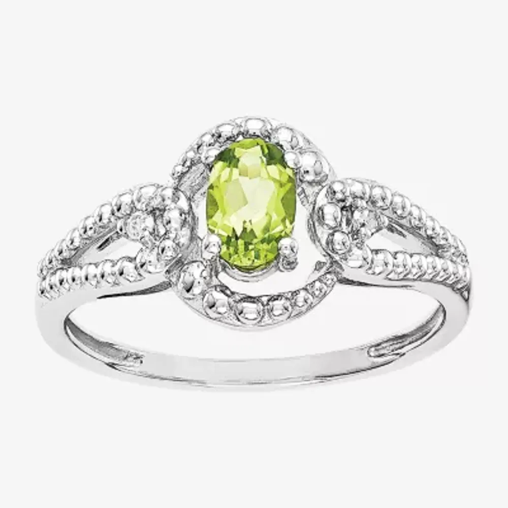 Womens Diamond Accent Genuine Green Peridot Sterling Silver Oval Halo Cocktail Ring