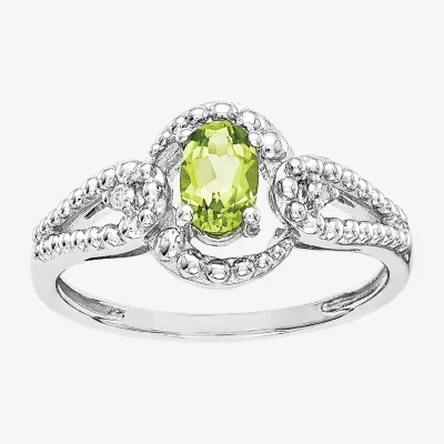 Womens Diamond Accent Genuine Green Peridot Sterling Silver Oval Halo Cocktail Ring