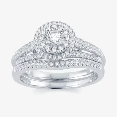 Signature By Modern Bride Womens 3/4 CT. T.W. Natural White Diamond 14K Gold Round Halo Bridal Set