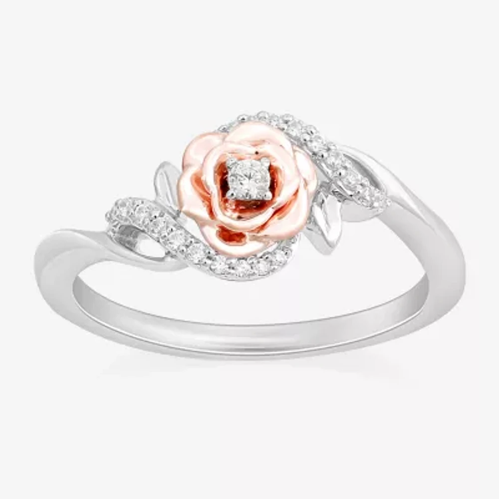 Enchanted Disney Fine Jewelry Womens 1/10 CT. T.W. Natural White Diamond 14K Rose Gold Over Silver Sterling Flower Beauty and the Beast Belle Princess Cocktail Ring