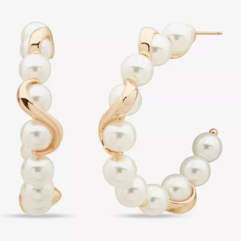 Worthington Gold Tone Open Simulated Pearl Hoop Earrings