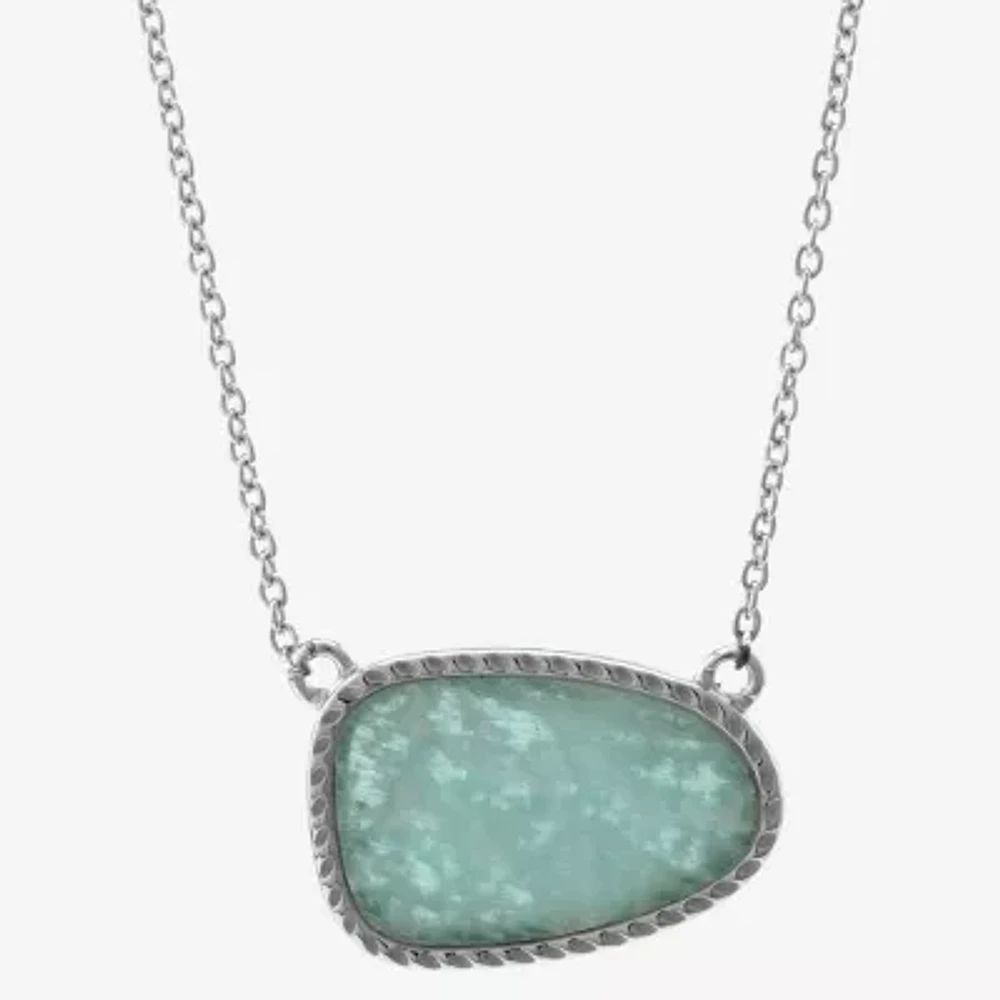 Silver Treasures Genuine Stone Amazonite Sterling Silver 18 Inch Rolo Oval Pendant Necklace