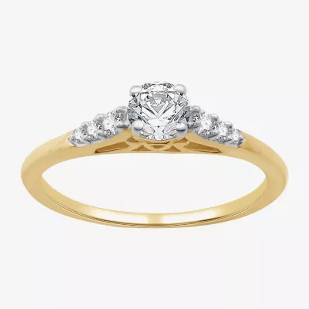 (G / Si1-Si2) Womens 1/2 CT. T.W. Lab Grown White Diamond 10K Gold Round Side Stone Engagement Ring