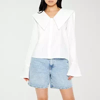 Forever 21 Juniors Large Collar Woven Womens Long Sleeve Button-Down Shirt