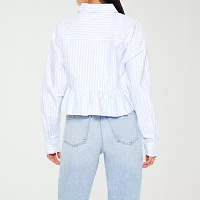 Forever 21 Juniors Peplum Stripe Woven Womens Long Sleeve Button-Down Shirt