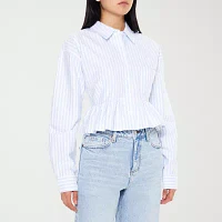 Forever 21 Juniors Peplum Stripe Woven Womens Long Sleeve Button-Down Shirt