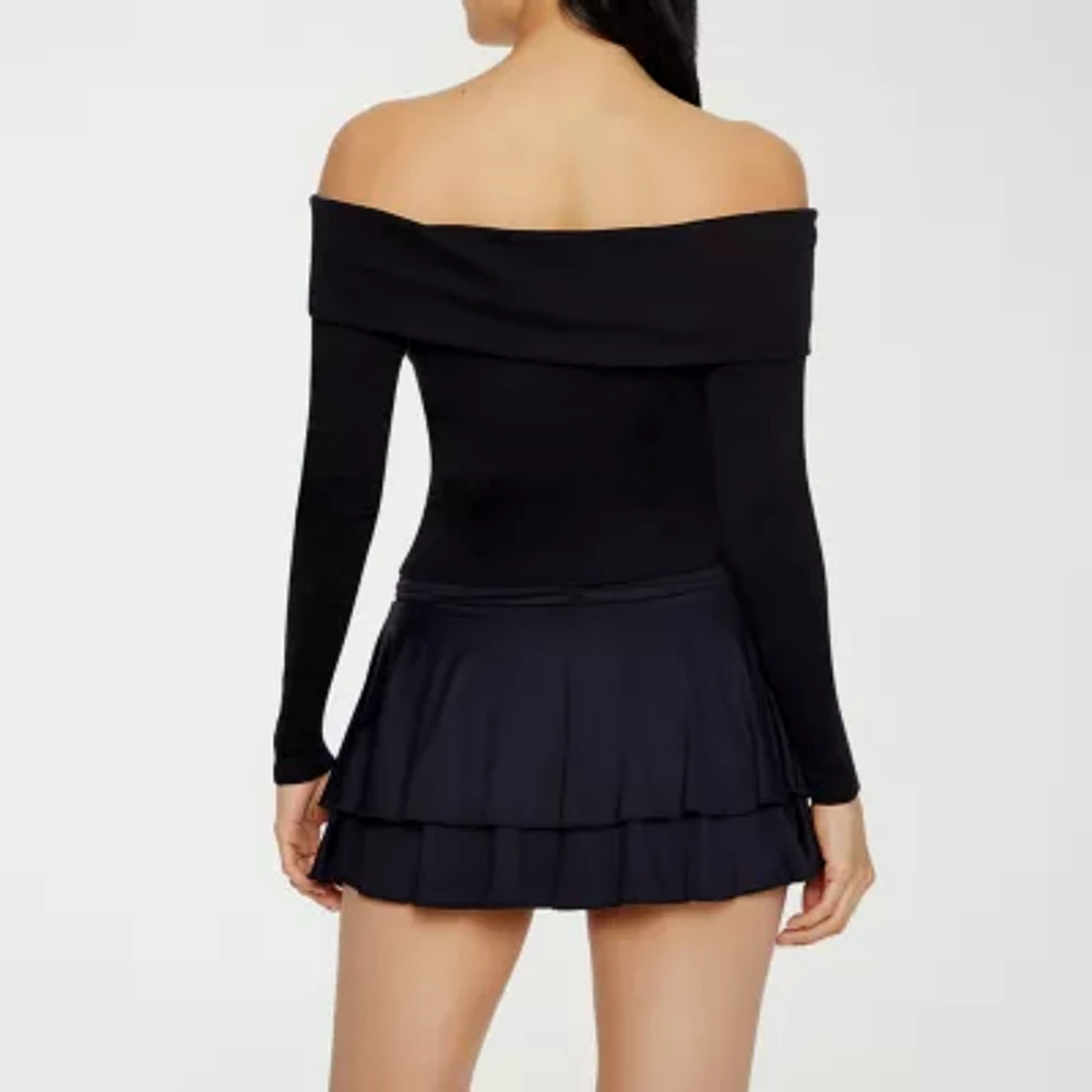 Forever 21 Juniors Off Shoulder Knit Womens Straight Neck Long Sleeve Blouse