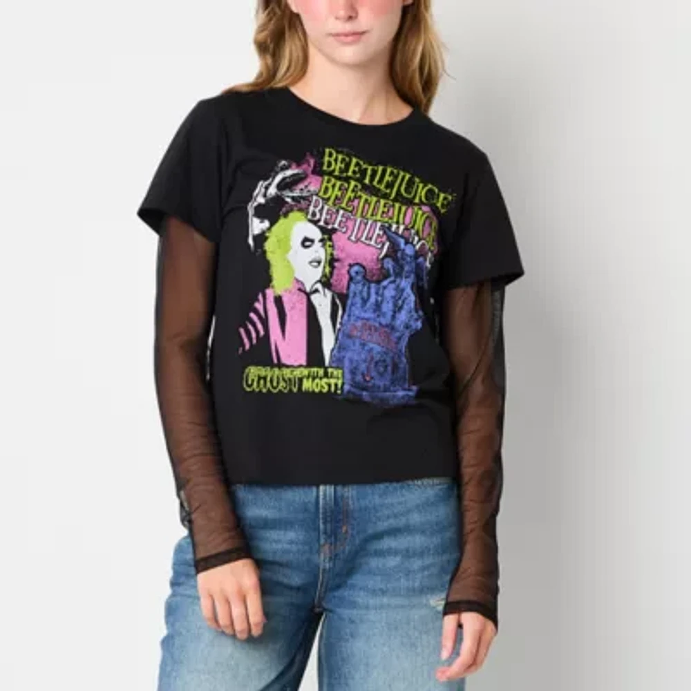 Juniors Beetlejuice The Movie Mesh Tee Womens Crew Neck Long Sleeve Beetlejuice Graphic T-Shirt