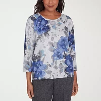 Alfred Dunner Worth Avenue Womens Crew Neck 3/4 Sleeve Floral Pullover Sweater