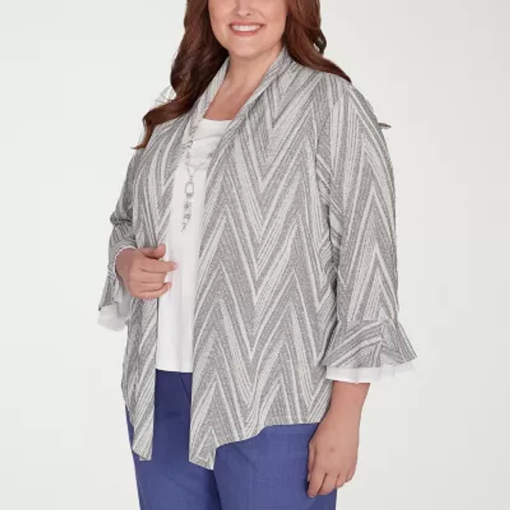 Alfred Dunner Womens Round Neck 3/4 Sleeve Layered Top Plus