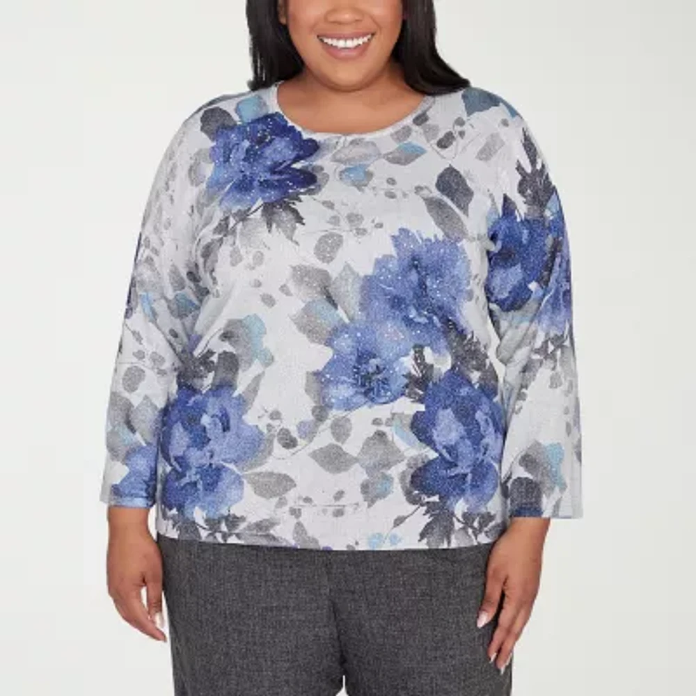 Alfred Dunner Plus Worth Avenue Womens Crew Neck 3/4 Sleeve Floral Pullover Sweater