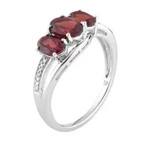 Womens Genuine Red Garnet 10K White Gold Oval 3-Stone Cocktail Ring