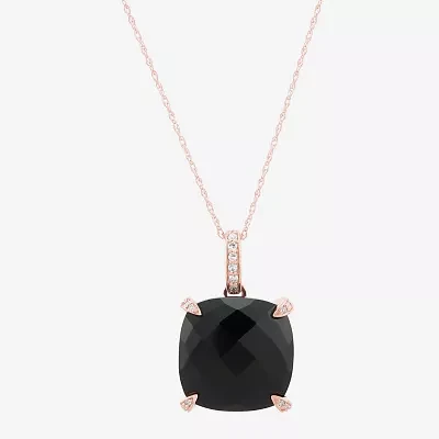 Womens Diamond Accent Genuine Black Onyx 10K Rose Gold Cushion Pendant Necklace