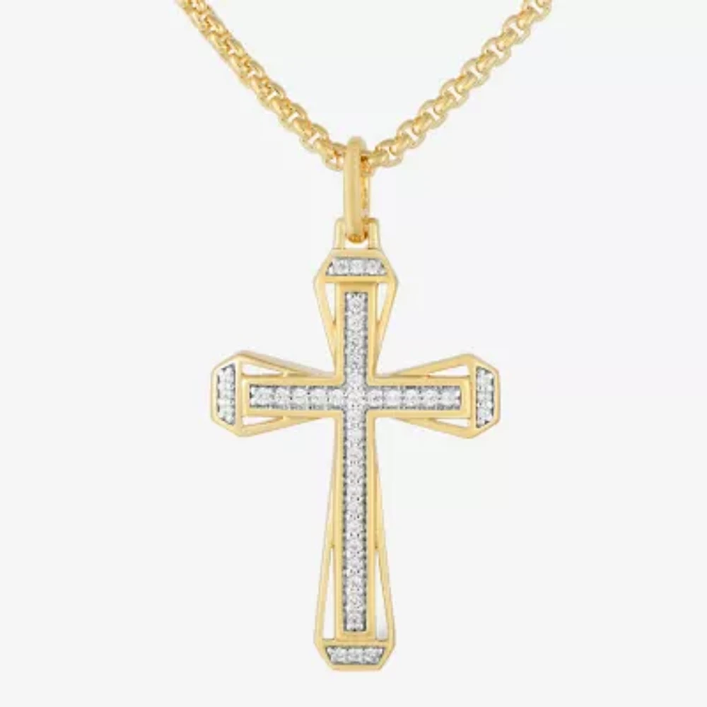 Mens 1/5 CT. Natural White Diamond 14K Gold Over Silver Cross Pendant Necklace