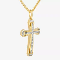 Mens 1/5 CT. Natural White Diamond 14K Gold Over Silver Cross Pendant Necklace