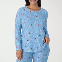 Cuddl Duds Womens Plus Round Neck Long Sleeve 2-pc. Pant Pajama Set